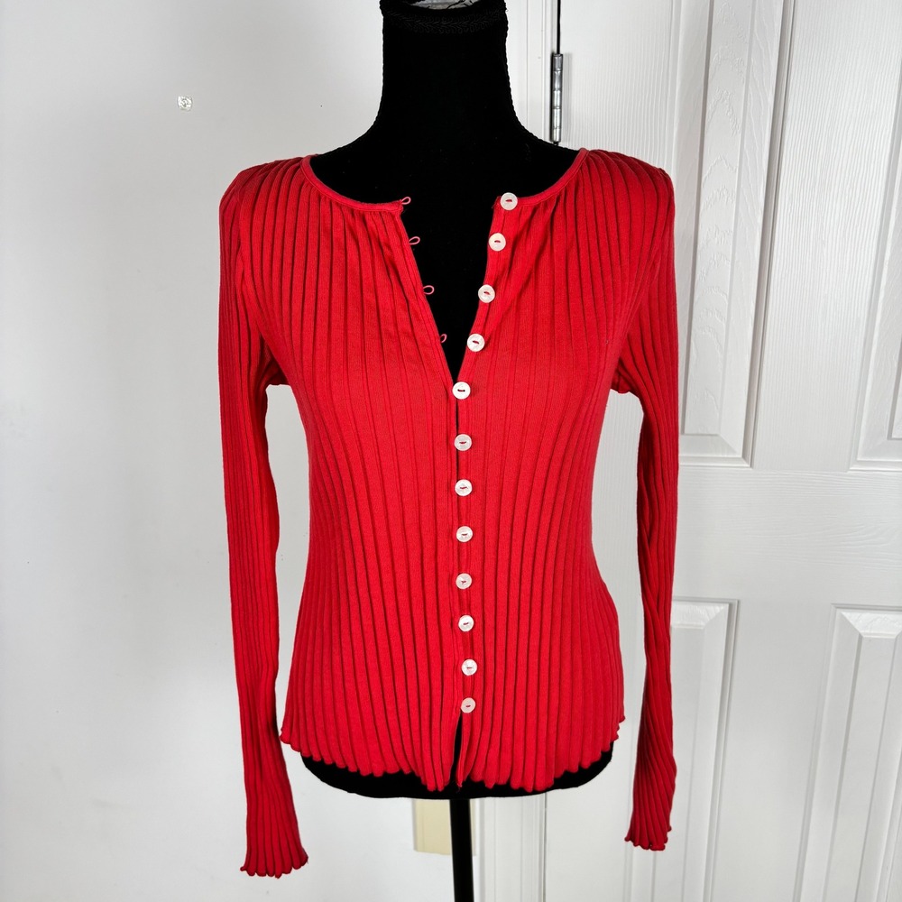 Free People Ribbed Red Button-Up Cardigan